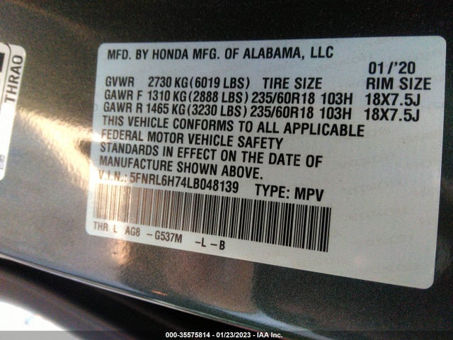 2020 Honda Odyssey, VIN: 5FNRL6H74LB048139