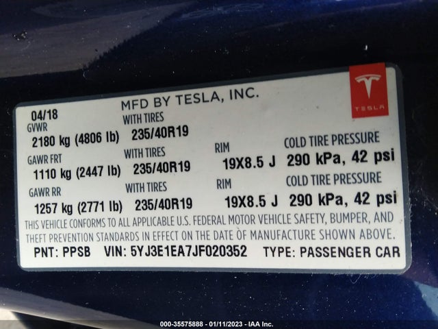 Tesla Model 3 Range Battery 2018 5YJ3E1EA7JF020352 Image 9
