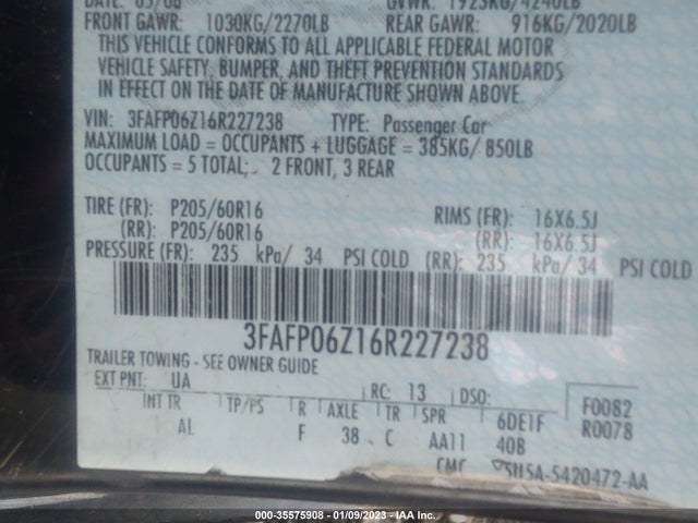2006 FORD FUSION S VIN: 3FAFP06Z16R227238
