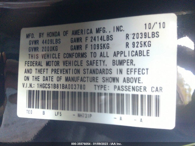 2011 HONDA ACCORD CPE EX-L VIN: 1HGCS1B81BA003780