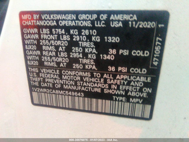 2021 Volkswagen Atlas, VIN: 1V2WR2CA8MC549643