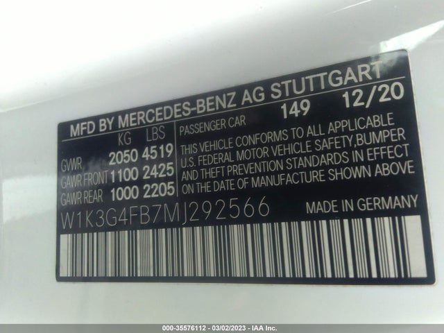 2021 Mercedes-Benz A-Class, VIN: W1K3G4FB7MJ292566