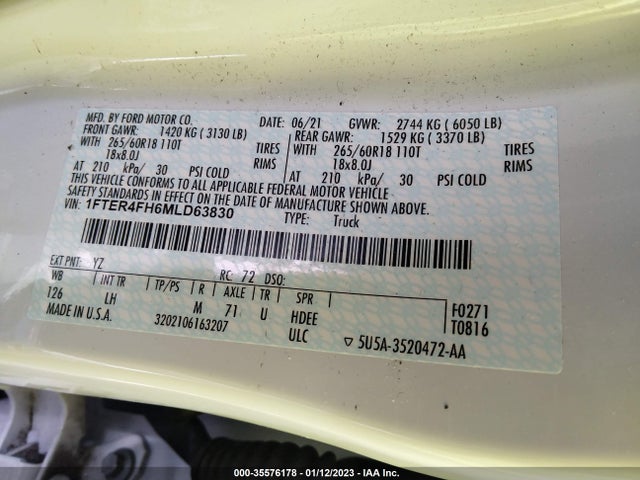 2021 Ford Ranger, VIN: 1FTER4FH6MLD63830