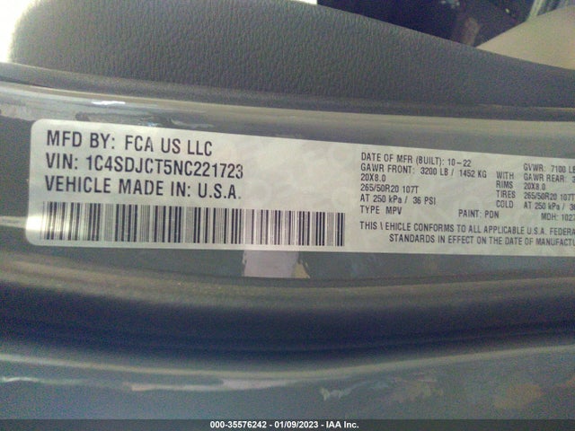2022 Dodge Durango, VIN: 1C4SDJCT5NC221723