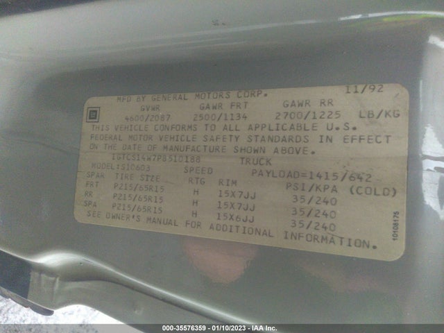 GMC Sonoma 1993 1GTCS14W7P8510188 Image 10