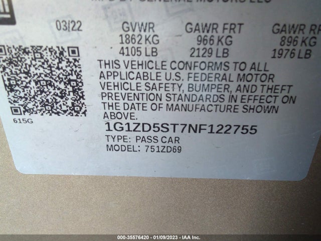 2022 Chevrolet Malibu, VIN: 1G1ZD5ST7NF122755