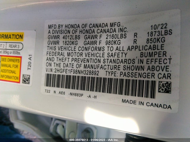 2022 Honda Civic, VIN: 2HGFE1F98NH328892