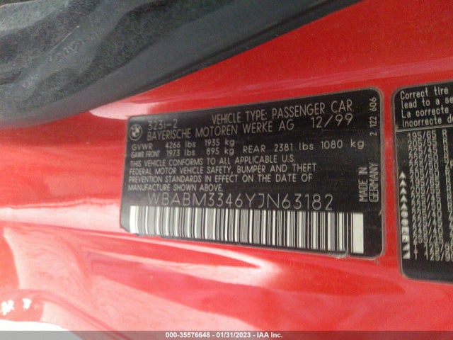 2000 BMW 3 SERIES 323CI VIN: WBABM3346YJN63182