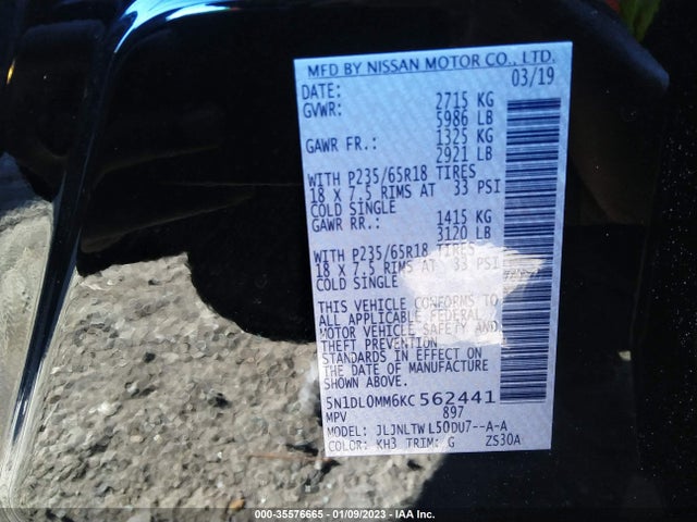 2019 Infiniti QX60, VIN: 5N1DL0MM6KC562441