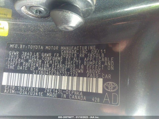 2011 TOYOTA COROLLA L/LE/S VIN: 2T1BU4EE2BC707179