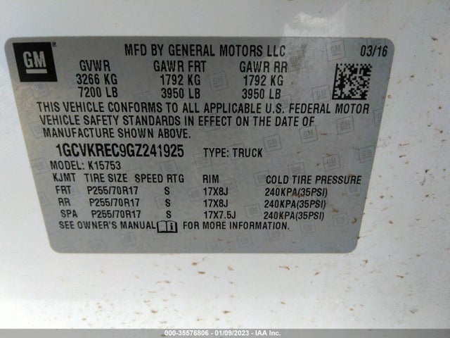 2016 CHEVROLET SILVERADO 1500 LT VIN: 1GCVKREC9GZ241925