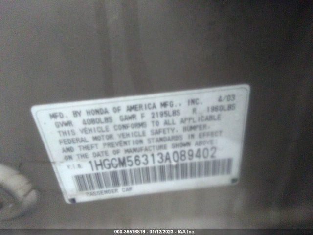 2003 HONDA ACCORD SDN LX VIN: 1HGCM56313A089402
