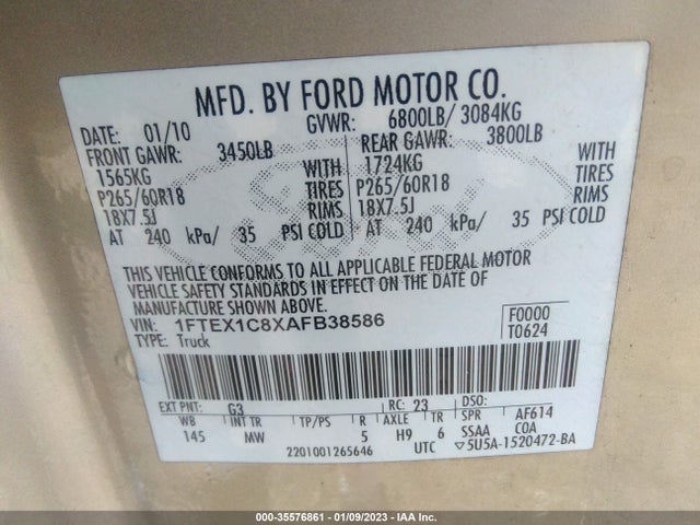 2010 FORD F-150 XL/STX/XLT/FX2 SPORT VIN: 1FTEX1C8XAFB38586