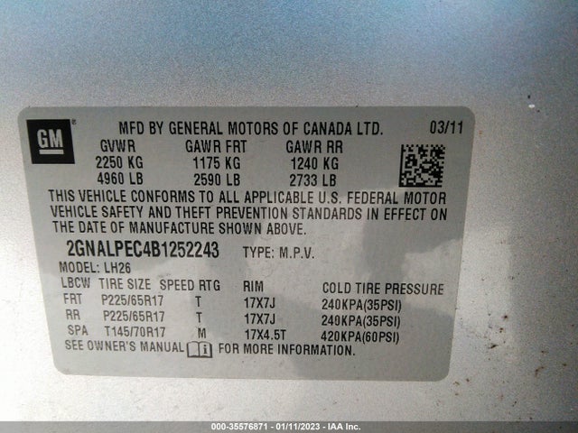 2011 CHEVROLET EQUINOX LT W/2LT VIN: 2GNALPEC4B1252243