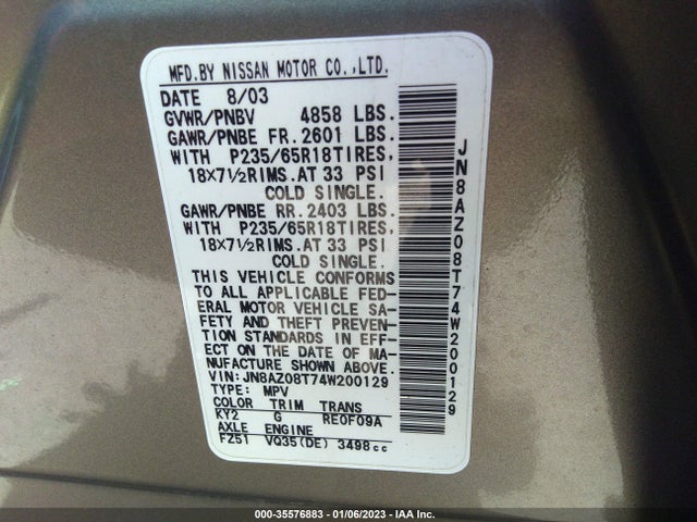 Aukcja sprzedaży 2004 Nissan Murano Sl, vin: JN8AZ08T74W200129, numer aukcji: 35576883