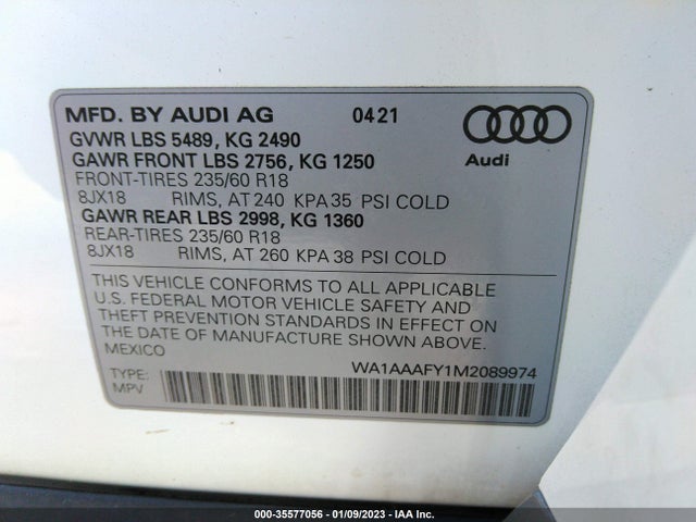 2021 AUDI Q5 PREMIUM VIN: WA1AAAFY1M2089974