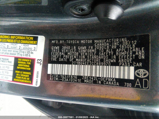 2012 TOYOTA COROLLA L/LE/S VIN: 2T1BU4EE2CC889970