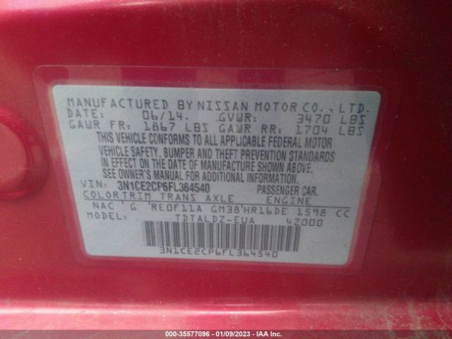 3N1CE2CP6FL364540 Nissan Versa Note S/s Plus/sv/sr/sl