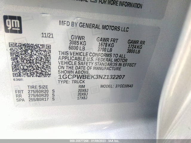 2022 Chevrolet Silverado 1500, VIN: 1GCPWBEK3NZ132207