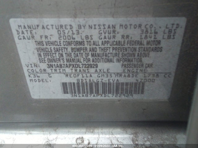 2013 NISSAN SENTRA SL VIN: 3N1AB7APXDL722929