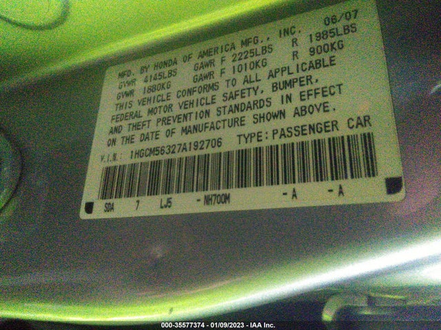 2007 HONDA ACCORD SDN LX SE VIN: 1HGCM56327A192706