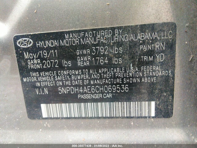 2012 HYUNDAI ELANTRA GLS VIN: 5NPDH4AE6CH069536