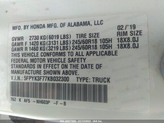 2019 Honda Ridgeline, VIN: 5FPYK3F77KB032300