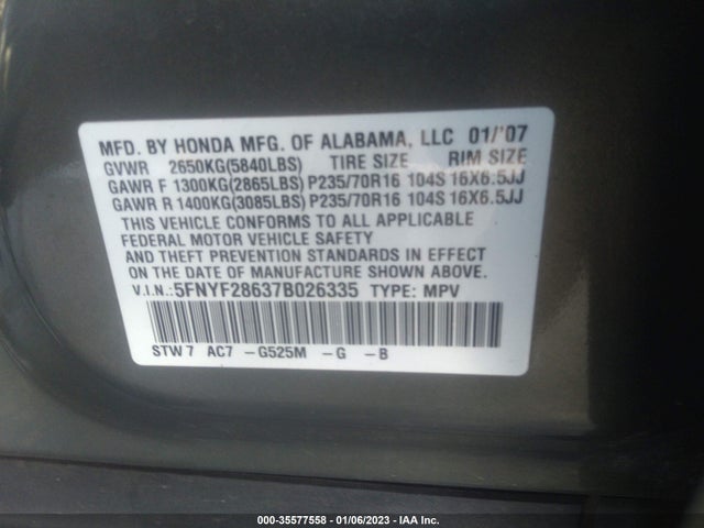 2007 HONDA PILOT EX-L VIN: 5FNYF28637B026335