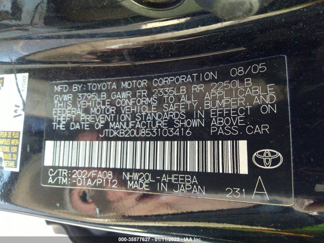 2005 TOYOTA PRIUS VIN: JTDKB20U853103416