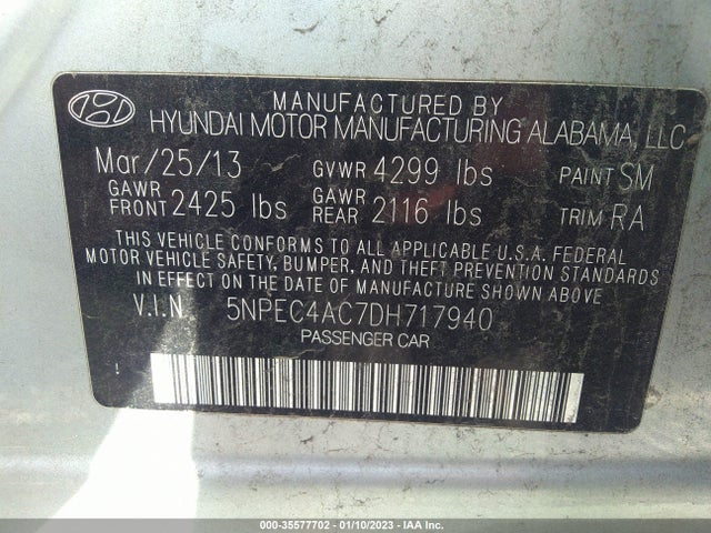 2013 HYUNDAI SONATA LIMITED VIN: 5NPEC4AC7DH717940