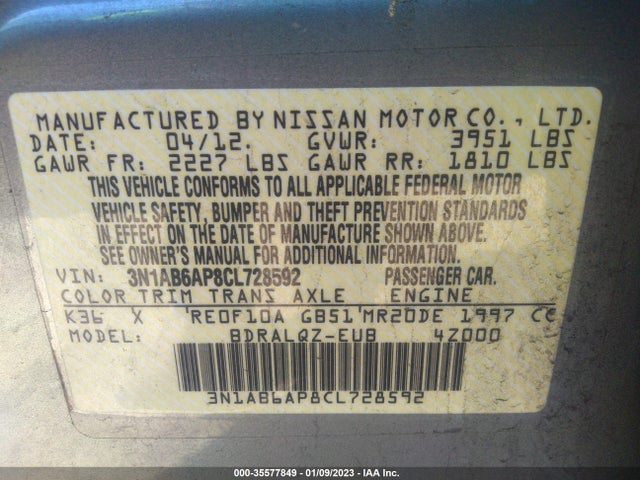 2012 NISSAN SENTRA 2.0 VIN: 3N1AB6AP8CL728592