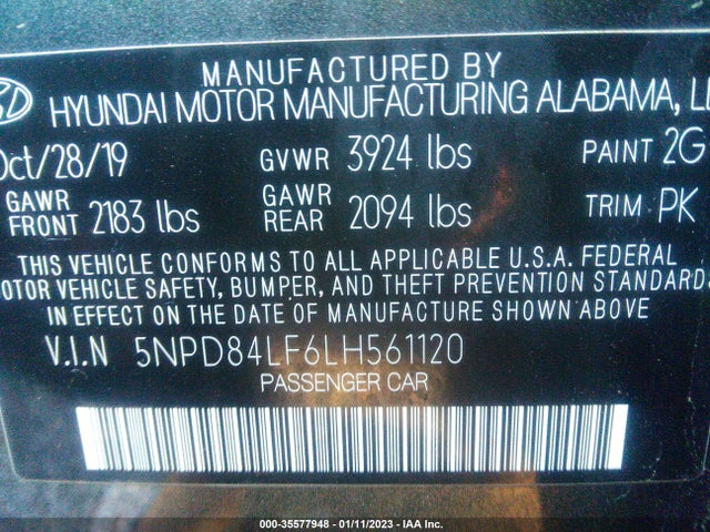 2020 HYUNDAI ELANTRA SEL VIN: 5NPD84LF6LH561120