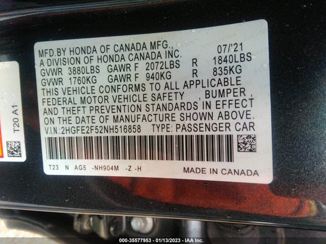 2022 HONDA CIVIC SEDAN SPORT VIN: 2HGFE2F52NH516858