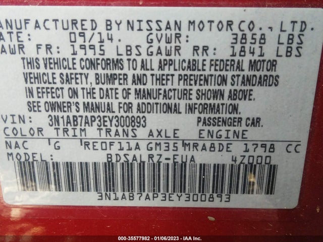 2014 NISSAN SENTRA SR VIN: 3N1AB7AP3EY300893