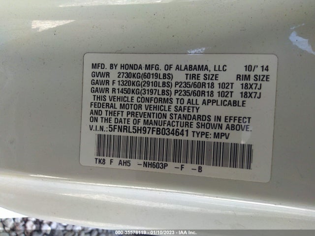 2015 Honda Odyssey, VIN: 5FNRL5H97FB034641