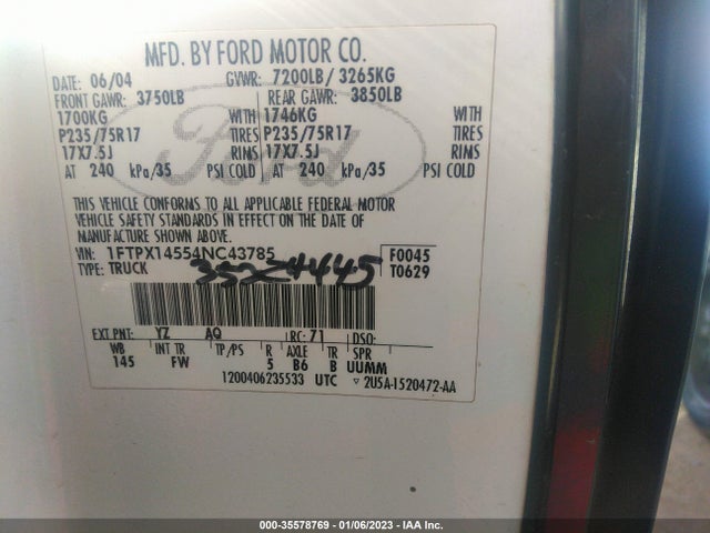 2004 FORD F-150 XLT/FX4/LARIAT/XL VIN: 1FTPX14554NC43785