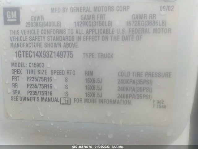 2003 GMC SIERRA 1500 VIN: 1GTEC14X93Z149775