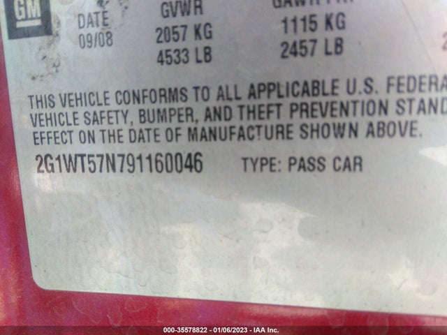 2009 CHEVROLET IMPALA 3.5L LT VIN: 2G1WT57N791160046