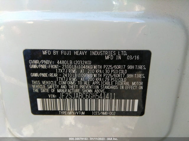 2016 SUBARU FORESTER 2.5I VIN: JF2SJABC6GH541411