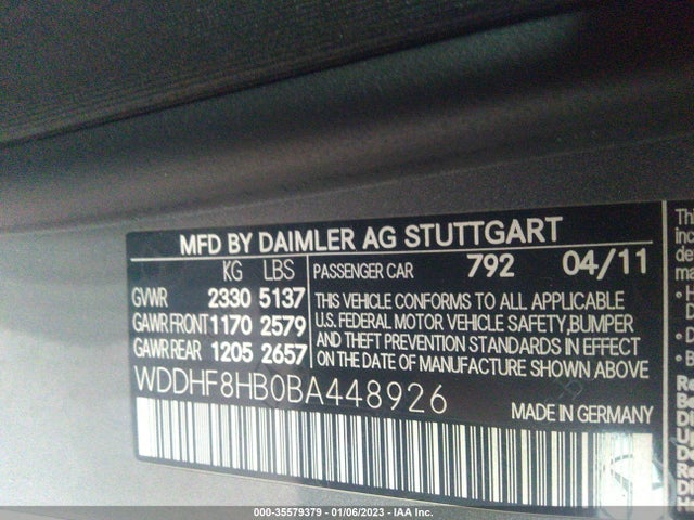 2011 MERCEDES-BENZ E-CLASS E 350 VIN: WDDHF8HB0BA448926