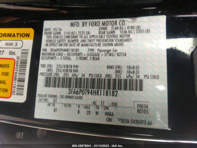 2017 Ford Fusion, VIN: 3FA6P0T94HR118182