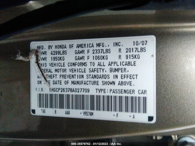 2008 HONDA ACCORD SDN LX VIN: 1HGCP26378A027709