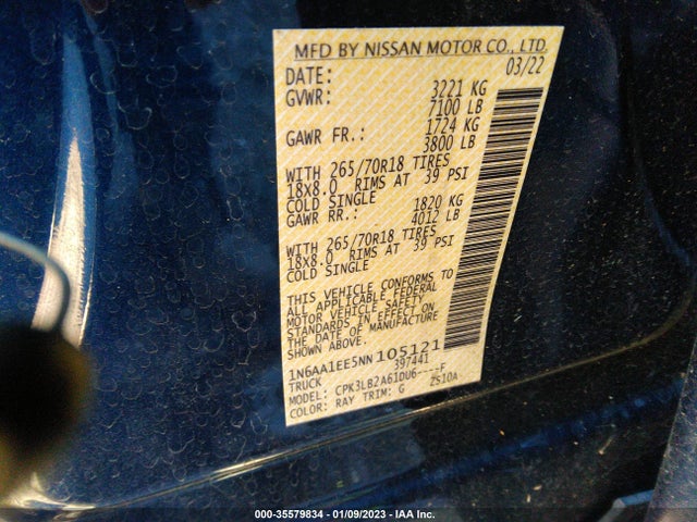 2022 Nissan Titan, VIN: 1N6AA1EE5NN105121