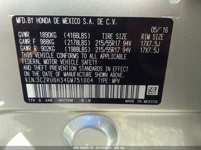 2016 Honda HR-V, VIN: 3CZRU6H34GM751004