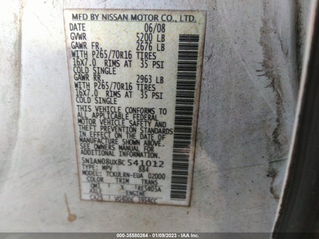 2008 NISSAN XTERRA S VIN: 5N1AN08UX8C541012