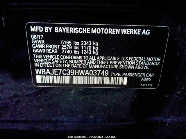 2017 BMW 5 Series, VIN: WBAJE7C39HWA03749
