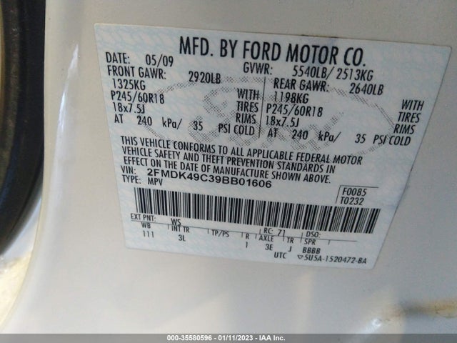 2009 FORD EDGE LIMITED VIN: 2FMDK49C39BB01606