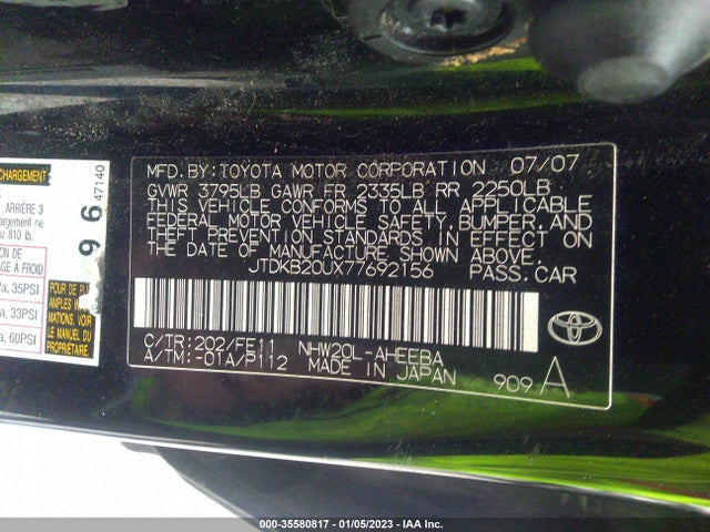 2007 TOYOTA PRIUS VIN: JTDKB20UX77692156
