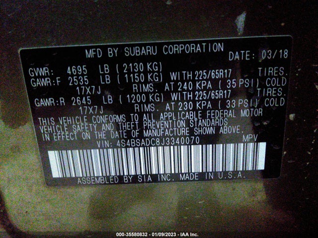 2018 SUBARU OUTBACK PREMIUM VIN: 4S4BSADC8J3340070