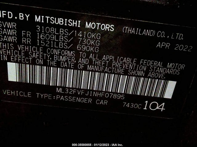 2022 MITSUBISHI MIRAGE G4 SE VIN: ML32FVFJ1NHF07895